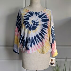 Nation LTD Top Crop Pima Cotton Spiral Tie Dye Elbow Length Batwing Multi L NWT